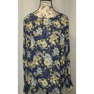 H&M Women's Chiffon Long Sleeved Floral Blouse Top Navy Blue Yellow Cream Size 8